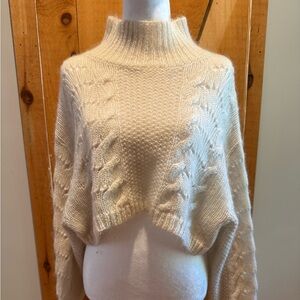 Free People Cropped Cream High Neck Mohair Cable Knit Sweater